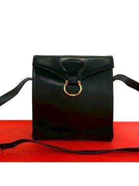 Celine Vintage Logo Leather Shoulder Bag Pochette Crossbody Black